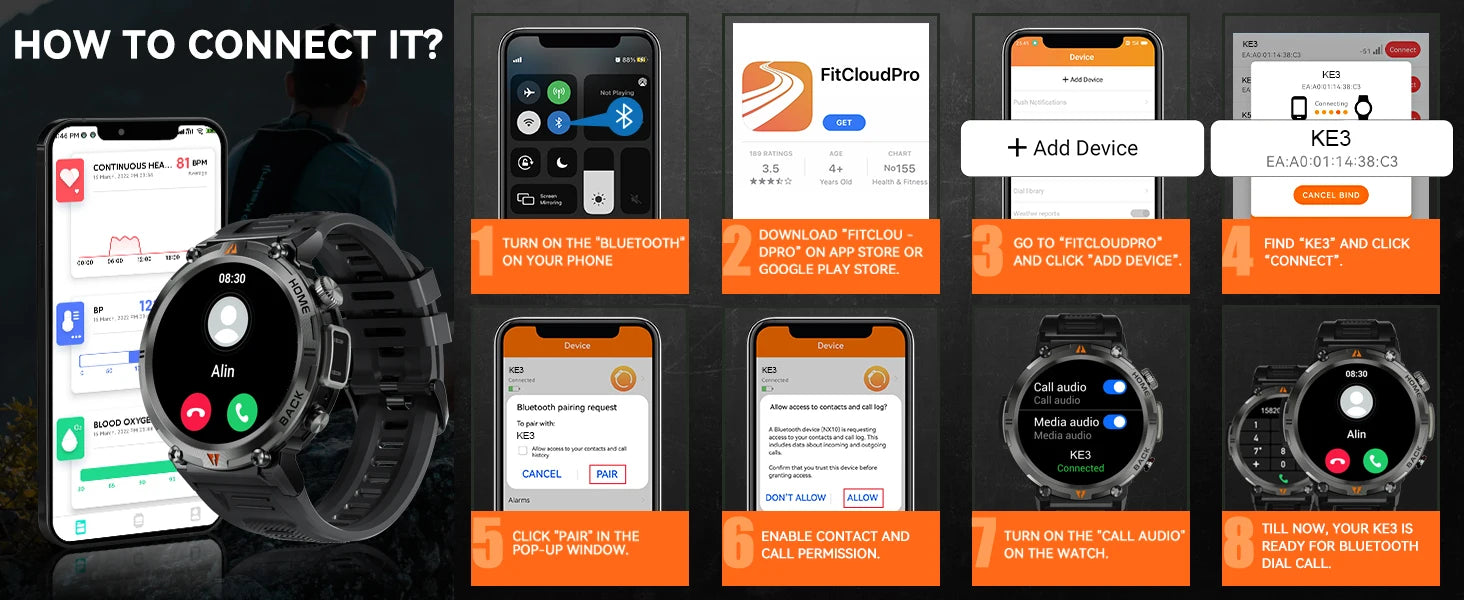 EIGIIS KE3 Smart Watch – 3ATM Waterproof Bluetooth Call & Health Monitor